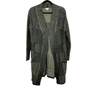 JJill Wool Black & White‎ Geometric Patchwork Sweater Pinned Closure Size Medium